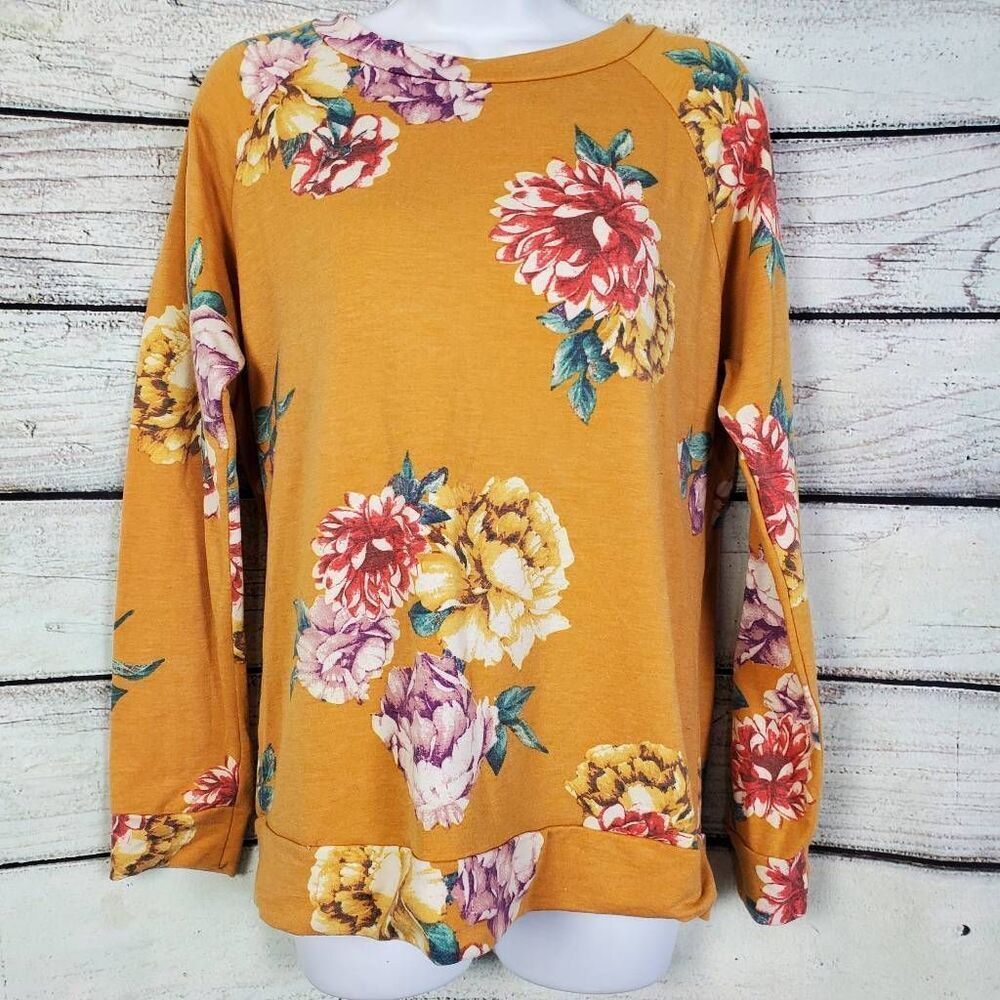 Lovely Souls Mustard Yellow Floral Long Sleeve Sweatshirt Top Women’s Size XL